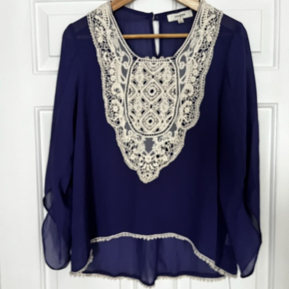 Cobalt Sheer Blouse with Crochet Details